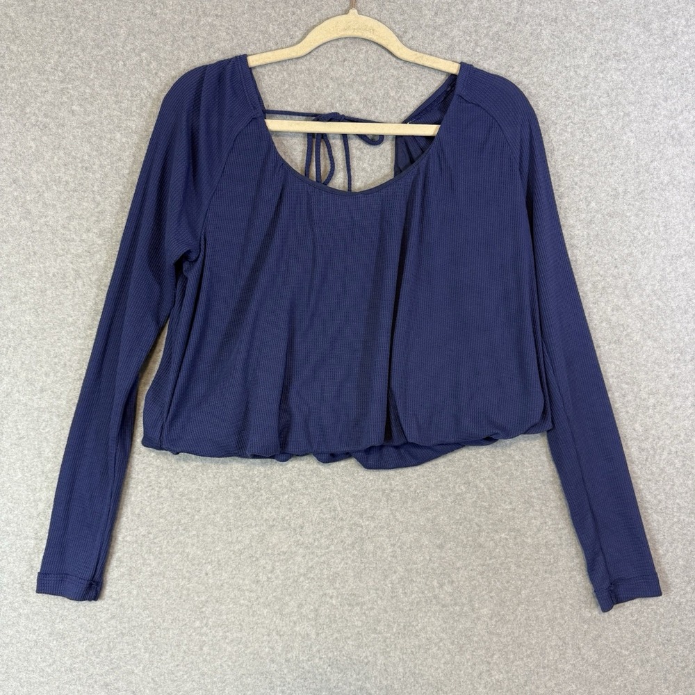 Free People Bondi Thermal Long Sleeve Back Tie Scoop Neck Blue Small NWT